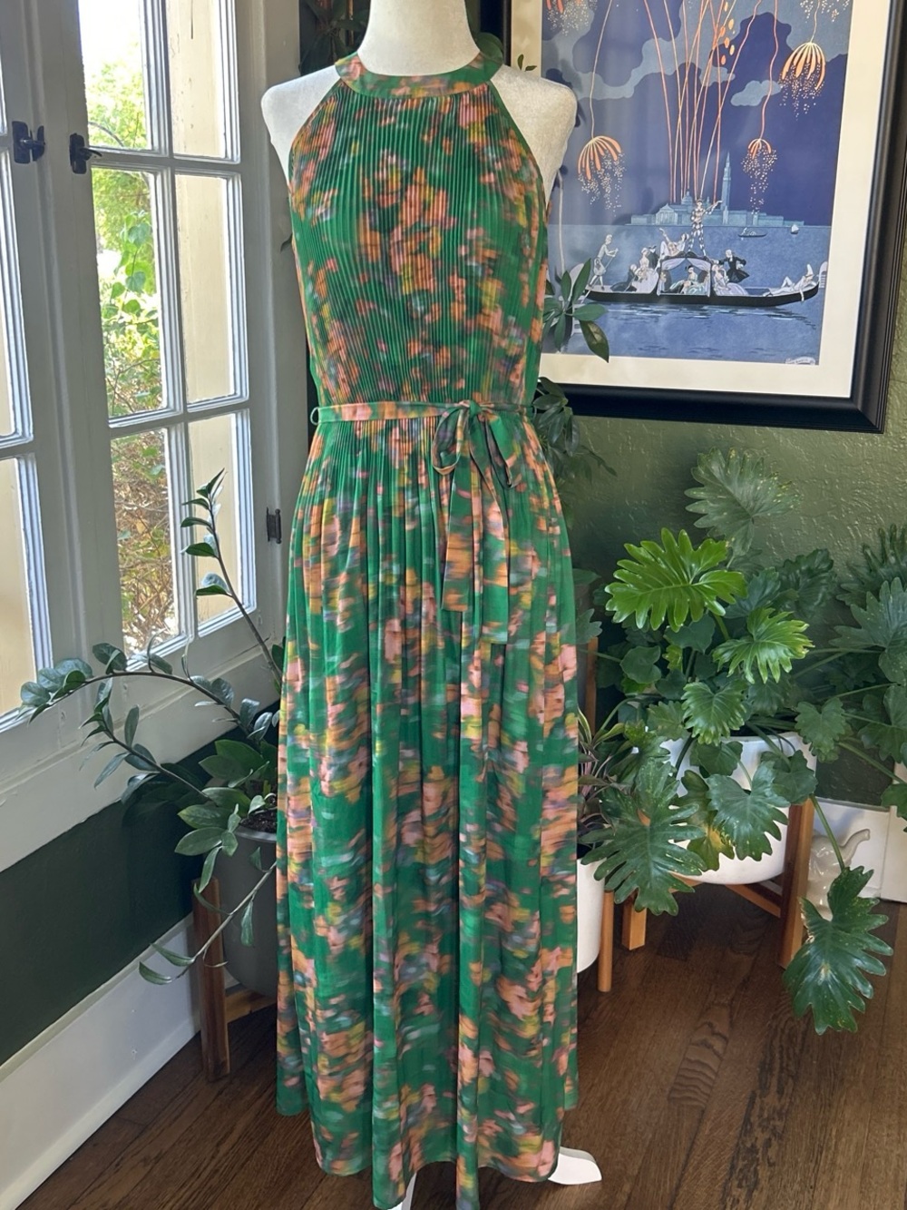 NWT Les Serein Green Floral Halter Maxi Dress